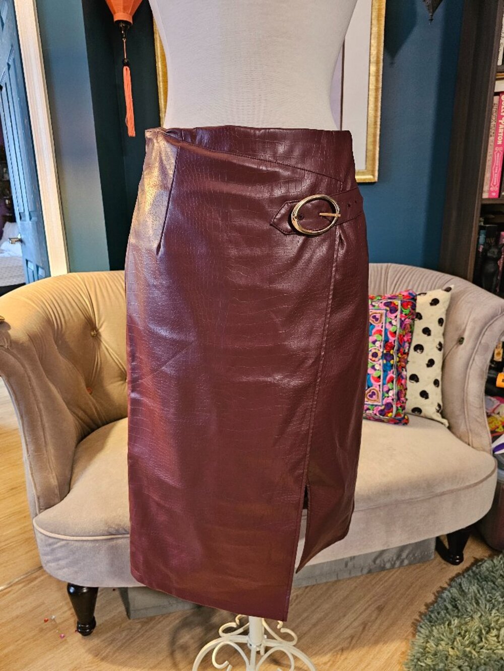 Faux Leather Wrap Skirt in Burgundy Alligator // Buckle, Whimsigoth, Size Large